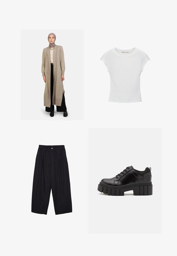 Béžový dlouhý kardigan z měkké pleteniny, s volným střihem, otevřeným předním dílem, bočními rozparky a žebrovanými manžetami, vrstvený přes krémový top a černé kalhoty.; Bílá bavlněná tričko s kulatým výstřihem, krátkými rukávy a přiléhavým střihem. Hladká textura bez vzorů nebo ozdob.; Černé polyesterové culotte kalhoty s elastickým pasem, dvěma předními sklady a volným siluetou. Žádné viditelné vzory ani kovové detaily.; Černé kožené platformové boty s masivním blokovým podpatkem, kulatou špičkou a tradičním šněrováním. Mají hladký povrch a minimální detaily.
