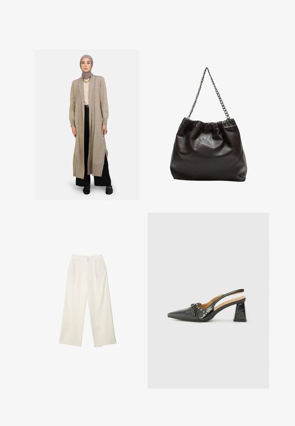 Beige langer Cardigan aus weichem Strickmaterial, mit lockerer Passform, offenem Frontverschluss, seitlichen Schlitzen und gerippten Bündchen, über einem cremefarbenen Oberteil und schwarzen Hosen getragen.; Weißes T-Shirt mit kurzen Ärmeln aus Baumwolle. Hat einen Rundhalsausschnitt und eine lockere Passform. Glatte Textur ohne sichtbare Muster oder Akzente.; Helle Stoffhose mit weitem Bein und glatter Textur, ausgestattet mit einem einzelnen Knopf vorne, dezenten Falten und einem Hochbund-Design.; Schwarzer Lacklederslingback-Schuh mit spitzem Zeh, dreieckigem Absatz und dekorativem Riemen mit silbernen Akzenten. Glatte Textur.; Braune Lederhandtasche mit gerafftem Oberteil und Kettenriemen. Glatte Textur mit glänzendem Finish und subtilen Nahtdetails an den Seiten.