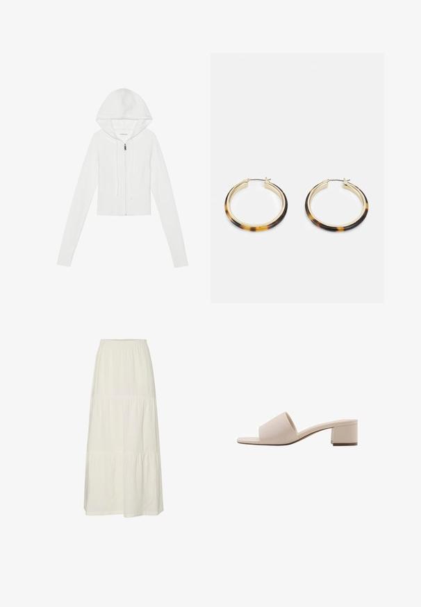 Weißer Reißverschluss-Hoodie mit Kapuze, langen Ärmeln, geripptem Saum und Kordelzug. Glatte Textur und taillierte Passform.; Weißes Off-Shoulder-Top mit Rüschendetails, gepufftem Textil und einem elastischen Bund. Hergestellt aus weichem Baumwollstoff.; Weiße, gestufte Maxiröhre aus leichtem, strukturiertem Stoff mit einem elastischen Bund. Sie verfügt über drei verschiedene Stoffabschnitte.; Beige Blockabsatzsandale mit breitem Riemen und offenem Zeh. Glattes Material und elegantes Design. Kurzer, stabiler Absatz für mehr Stabilität.; Goldfarbene Creolen Ohrringe mit einem äußeren Rand aus tortoiseshell-musterendem Harz, die eine glatte Oberfläche und eine schlanke, runde Form aufweisen.