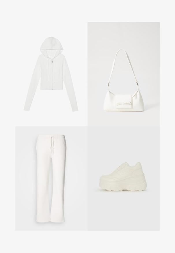 White zip-up hoodie with a hood, long sleeves, ribbed hem, and drawstring. Smooth texture and fitted design.; White short-sleeve t-shirt made from cotton, featuring decorative lace trim along the sleeves and a round neckline.; White, relaxed-fit sweatpants made of soft fabric, featuring an elastic waistband with a drawstring and straight-leg design.; White platform sneakers featuring a smooth leather-like upper, rounded shape, padded collar, and textured rubber sole with defined treads.; White synthetic handbag with a triangular shape, flat front flap and bow detail, adjustable strap, smooth texture, and minimalistic design.