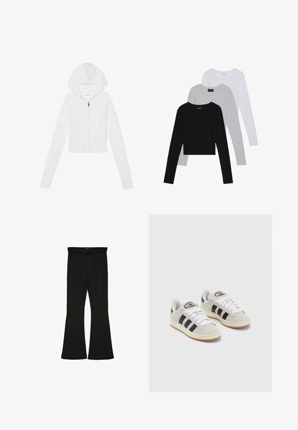 Moleton branco com fecho éclair, capuz, mangas longas, bainha canelada e cordão. Textura suave e design ajustado.; Três camisetas de manga longa empilhadas: preta, cinza e branca. Cada uma tem um decote redondo e um design cropped, feitas de um tecido leve e suave.; Leggings pretos em flare feitos de um tecido elástico. Apresentam uma cintura larga e uma textura suave, com um silhueta ajustada que se alarga na bainha.; Tênis de camurça cinza com atacadores brancos, riscas pretas e uma sola de borracha branca. Apresenta um logótipo circular na língua e uma sola de borracha.