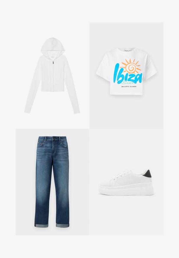 White zip-up hoodie with a hood, long sleeves, ribbed hem, and drawstring. Smooth texture and fitted design.; White cropped t-shirt featuring blue and orange "Ibiza Sun" graphic with a sun design, and "Balearic Islands" text in black. Cotton material.; Denim jeans in a medium blue wash with a straight leg design, featuring rolled cuffs and minimal distressing. Classic five-pocket styling.; White platform sneakers made of smooth synthetic material, featuring a rounded toe, lace-up design, and a textured rubber sole. Black heel accent.