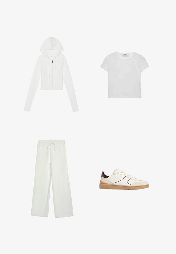 Valkoinen vetoketjuhuppari, jossa on huppu, pitkät hihat, ribbaus helmassa ja nyöri. Sileä pinta ja tiukka muotoilu.; Lyhythemmtä, pyöreäkauluksista valkoista t-paitaa, joka on valmistettu pehmeästä puuvillasta. Paidassa on yksinkertainen, selkeä muotoilu ilman näkyviä kuvioita tai korostuksia.; Valkoiset leveälahkeiset housut pehmeästä kankaasta. Varustettu joustavalla vyötäröllä ja nyörillä sekä sileällä pinnalla. Ei näkyviä kuvioita tai tarvikkeita.; Stradivarius Matalavartiset tennarit - white
