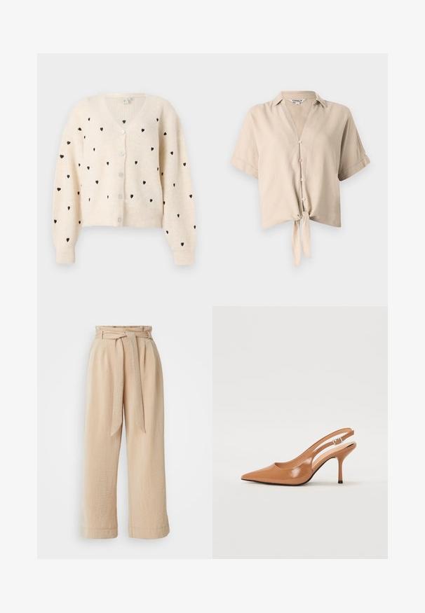 Cardigan crem cu decolteu în V, având o textură ribs și tipare cu inimioare negre, cu trei nasturi pe față. Mâneci lungi, ușor bufante.; Cămașă bej scurtă cu mâneci scurte, guler vertical, închidere cu nasturi și detaliu cu nod legat în față. Fabricată dintr-un material ușor.; Pantaloni bej cu croi larg, cu talie belcimetru, fabricați dintr-un material texturat. Au un pliu frontal și o finisare netedă la margine.; Pantofii cu toc slingback, cu vârful ascuțit, dintr-un material tan neted și strălucitor. Prezintă un design cu decupaj curbat și un toc subțire stil stiletto. Detaliu cu cataramă argintie.