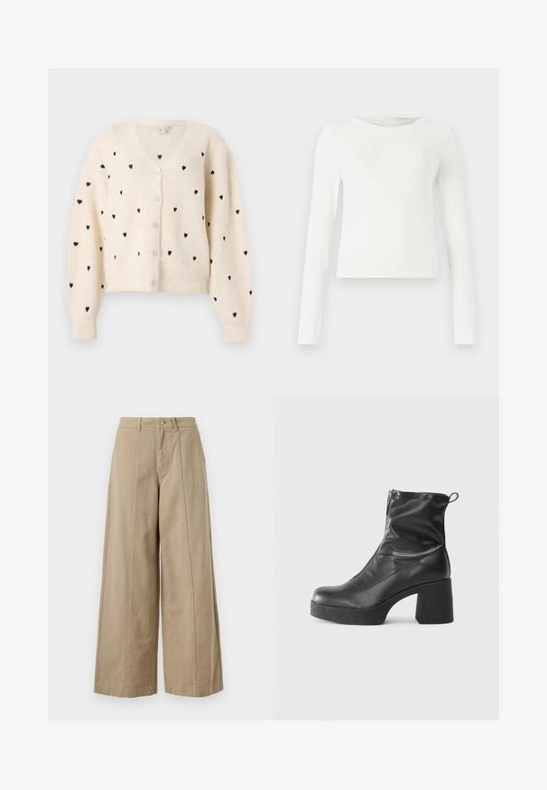 Krémový kardigán s výstrihom do V, ktorý má rebrovanú textúru, čierne vzory srdca a tri gombíky na prednej strane. Dlhé, trochu nadýchané rukávy.; Biela dlhá rukávová rebrovaná blúzka s okrúhlym výstrihom. Hladká textúra, priliehavý strih a žiadne viditeľné vzory alebo akcenty. Jednoduchý a minimalistický štýl.; Bežové nohavice s širokými nohavicami vyrobené z pevných bavlnených materiálov, s gombíkovým zapínaním, pútkami na opasok a čistými prednými skladmi bez viditeľných vreciek.; Čierne členkové topánky z hladkej kože, so bočným zipsom, robustnou textúrovanou pätnou časťou a zaobleným dizajnom špičky.
