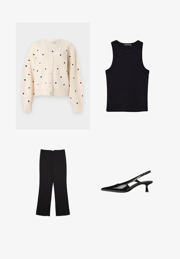 Cremfarbener V-Ausschnitt-Cardigan mit geripptem Muster, schwarzen Herzmotiven und drei Knöpfen auf der Vorderseite. Lange, leicht puffartige Ärmel.; Schwarzes Tanktop aus Baumwolle mit rundem Halsausschnitt und weiten Armöffnungen. Glatte Textur mit genähten Säumen. Klassisches, minimalistisches Design.; Schwarze Hose mit geradem Schnitt, ausgestattet mit Fronttaschen und Seitenschlitzen am Saum. Hergestellt aus weichem, glattem Stoff. Geeignet für verschiedene Anlässe.; Schwarze Lackleder-Slingback-High Heels mit spitzer Zehenform, ausgeschnittenem Seitendesign und kleinem Blockabsatz. Glatte Textur mit minimalen Akzenten.