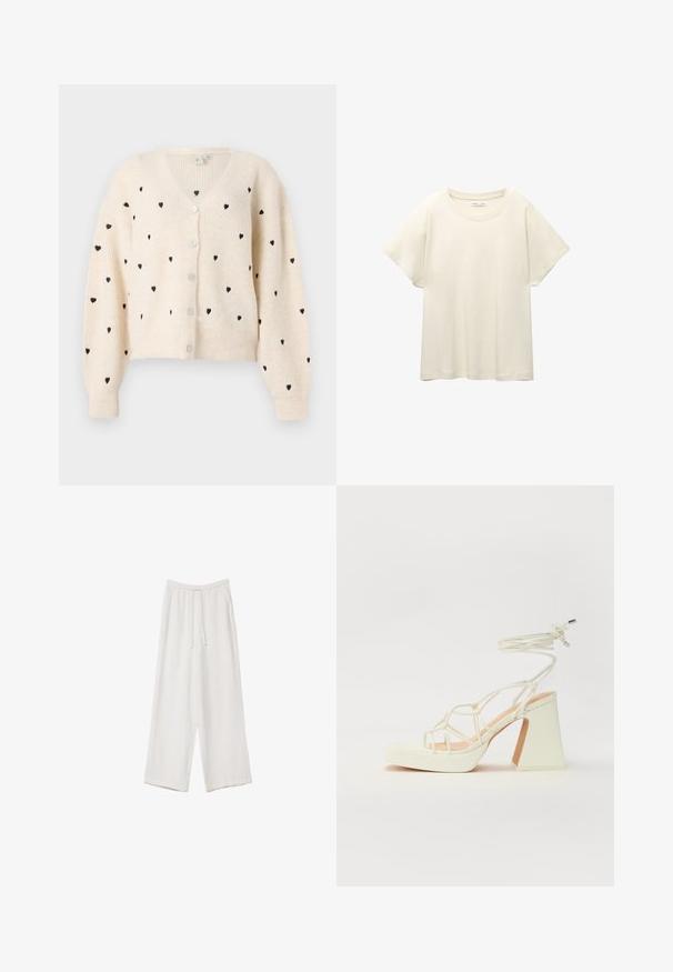 Krémový kardigán s výstrihom do V, ktorý má rebrovanú textúru, čierne vzory srdca a tri gombíky na prednej strane. Dlhé, trochu nadýchané rukávy.; Svetlo béžové tričko s krátkym rukávom a okrúhlym výstrihom, vyrobené z jemnej, hladkej tkaniny. Má voľný strih a rovný lem.; Biele široké nohavice vyrobené z ľahkej tkaniny. Obsahujú elastický pás so sťahovacou šnúrkou a bočné vrecká. Hladká textúra.; Biele sandále na vysokom opätku s hrubým podpätkom, s pruhovaným dizajnom a viazaním na členku. Hladký povrch s platformou vpredu pre zvýšenú výšku.