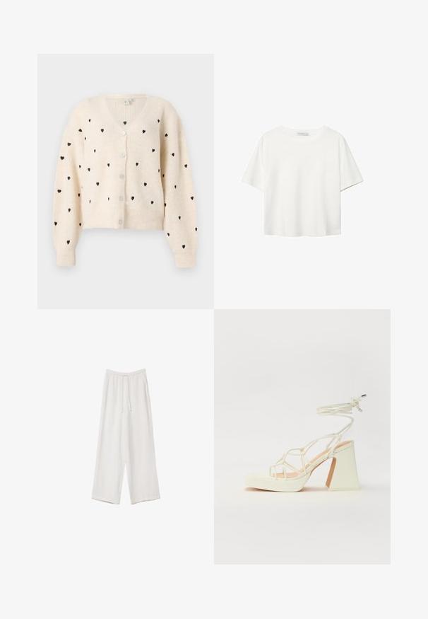 Kremna v-neck kardigan z rebrastim vzorcem, črnimi srčkami in tremi gumbi spredaj. Dolgi, rahlo napihnjeni rokavi.; Bela kratka majica s kratkimi rokavi iz bombaža. Ima okroglo izrezovanje in sproščen kroj. Gladka tekstura brez vidnih vzorcev ali poudarkov.; Bele široke hlače iz lahkega materiala. Imajo elastičen pas s vrvico in stranske žepe. Gladka tekstura.; Bela sandala na visokih petah s debelim petam, ki ima obliko trakcev in vezanje okoli gležnja. Gladka tekstura z platformo spredaj za dodatno višino.
