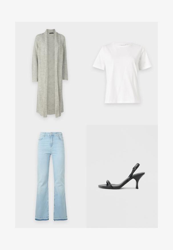 DRYKORN EILINA - Cardigan - grey; Hvit bomull t-skjorte med korte ermer, rund hals og avslappet passform. Glatt tekstur, ingen mønstre eller detaljer, minimalistisk design.; Lyseblå flagrende jeans laget av denim, med høy midje, frontlommer og rå kant ved mansjettene for et uformelt utseende.; Sorte skinnhøye hæler med en slank, buet hæl og et kryssrem-design. Justerbar ankelrem. Glatt tekstur.