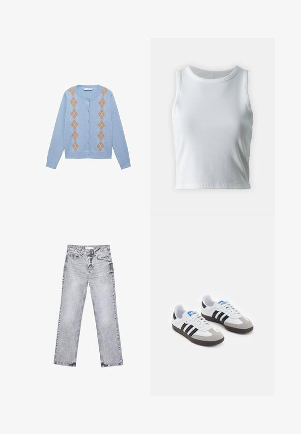 Jasnoniebieski kardigan z okrągłym dekoltem, z diamentowym wzorem w kolorze brązowym i białym na przodzie. Pięć guzików, długie rękawy.; Biała, prążkowana koszulka na ramiączkach z okrągłym dekoltem i bez rękawów, z prostym dołem i gładką, elastyczną teksturą.; Szare dżinsy o prostym kroju nogawki, z przetarciami, pięcioma kieszeniami i miedzianymi nitami. Pasek w talii posiada metkę z logo.; Buty sportowe z białą skórzaną cholewką, szarym zamszowym noskiem i trzema czarnymi paskami. Posiadają niebieskie logo na języku oraz teksturowaną gumową podeszwę.