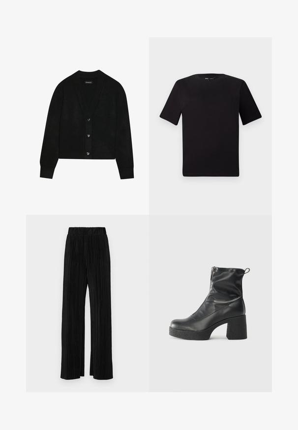 Even&Odd Neuletakki - black; Musta lyhythihainen t-paita pyöreällä kaula-aukolla, valmistettu pehmeästä puuvillakankaasta. Yksinkertainen malli, ei näkyviä logoja tai kuvioita.; Mustat pleatatut housut, joissa on joustava vyötärö. Ominaisuuksiin kuuluvat leveät lahkeet ja sileä, teksturoitu kangas, jossa on pystysuoria raitoja.; Mustat nilkkurit, jotka on valmistettu sileästä nahasta. Niissä on sivuvetoketju, paksu teksturoitu korko ja pyöristetty kärki.