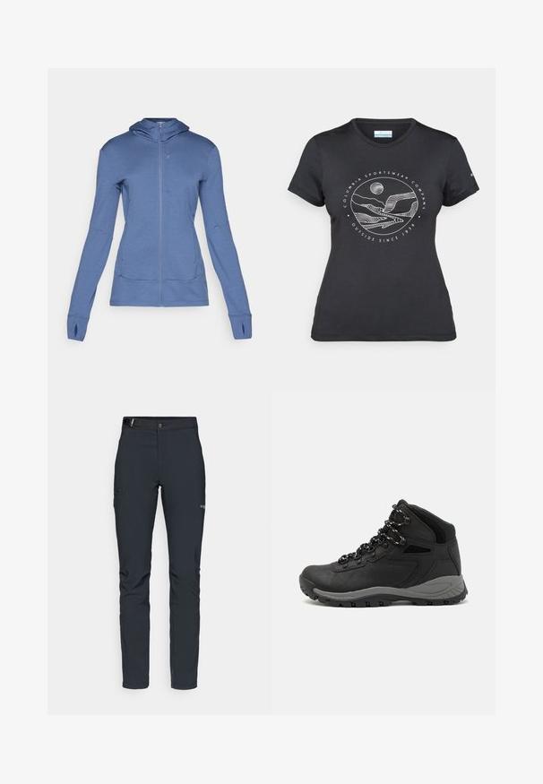 Moletom azul com fecho éclair, feito de um tecido macio, com mangas longas, bolsos frontais e um design ajustado, com buracos para os polegares nos punhos.; T-shirt preto da Columbia com arte em linha branca circular representando montanhas e rios, e o texto "Columbia Sportswear Company Outside Since 1938."; Calças de exterior para homens, cinza escuro, feitas de material flexível, com cinto, bolsos com fecho éclair e costuras reforçadas.; Bota de caminhada preta com design de cano médio, apresentando um upper texturizado, detalhes cinzentos e sola de borracha durável com cravos de tração.