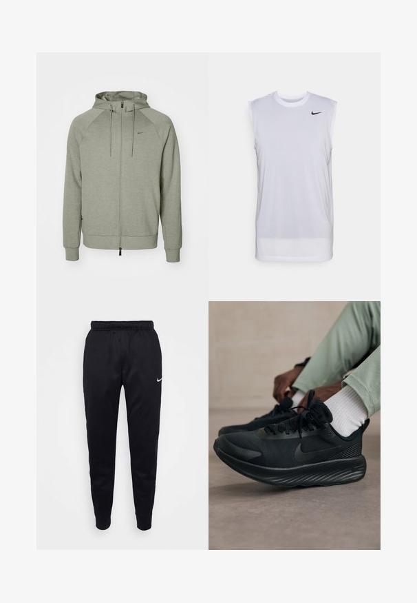 Light gray zip-up hoodie with a drawstring hood, ribbed cuffs, and a small logo on the chest. Made from soft, textured fabric.; White sleeveless athletic shirt made of lightweight material. Features a round neckline and a small black Nike logo on the upper left.; Black Nike joggers with elastic waistband, tapered legs, and subtle logo accent. Made from smooth fabric with a simple design.; Black Nike running shoes feature a mesh upper, textured sole, and minimal branding. The design is streamlined and athletic in appearance.