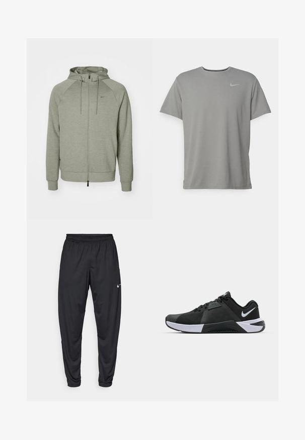Svetlo šedá mikina na zips s kapucňou na šnúrku, rebrovanými manžetami a malým logom na hrudi. Vyrobená z mäkkej, textúrovanej látky.; Sivá pánska tričko Nike s krátkymi rukávmi, okrúhlym výstrihom a malým strieborným logom na ľavej hrudi. Vyrobené z jemnej, ľahkej tkaniny.; Čierne atletické nohavice s elastickým pásom, zúženými nohavicami a malým bielym logom Nike na ľavom stehne. Hladká tkanina, bez vzorov.; Nike Performance METCON 10 - Tréningová obuv - black/white/anthracite