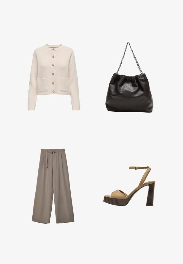 Svetlo bež kardigan iz teksturirane tkanine, z okroglim izrezom, s sedmimi velikimi gumbi in dvema sprednjima žepoma.; Rjava kratka majica s kratkimi rokavi iz mehkega materiala, s krožnim izrezom in ohlapnim krojem. Brez vidnih vzorcev ali dodatkov.; Široke hlače iz mehke, umirjene sive tkanine, z pasom, ki ga je mogoče zavezati, in z gubami za dodatne oblikovne podrobnosti. Gladka tekstura, brez vzorcev.; Bež semiš sandali na visoki peti z širokim sprednjim trakom in trakom okoli gležnja, opremljeni z debelim lesenim blokom peto z teksturirano površino.; Rjava usnjena torba z nabranim vrhom in verižnim trakom. Gladka tekstura z sijajno površino in subtilnimi šivi na straneh.