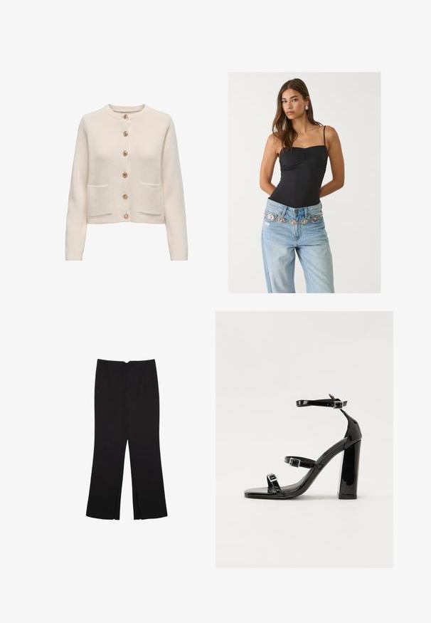 Ljus beige kardin i texturerat tyg, med rund halsringning, sju stora knappar och två framfickor.; Svart åtsittande bodysuit med fyrkantig nedskärning, ihop med ljusblå jeans som har ett dekorativt silver- och rosa bälte.; Svarta byxor med rak passform, utrustade med framfickor och sidoklyvningar vid fållen. Tillverkade av mjukt, slätt tyg. Lämpliga för olika tillfällen.; Svarta lackerade högklackade sandaler med två spännband, fyrkantig tå och en tjock klack, med en slät och glansig yta.