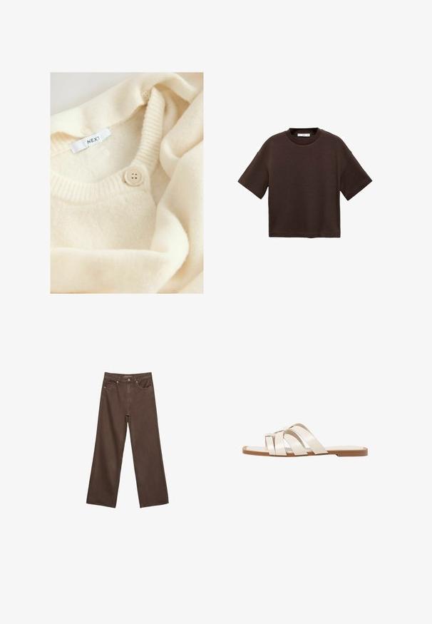 Krémový pletený sveter s okrúhlym výstrihom, s rebrovanými detailmi a zapínaním na gombík. Na štítku je nápis "NEXT." Mäkká, textúrovaná tkanina.; Hnedé tričko s krátkym rukávom vyrobené z mäkké bavlny. Má okrúhly výstrih a voľný strih, s hladkou textúrou a bez viditeľných vzorov.; Džínsy s širokými nohavicami v hnedej farbe, vyrobené z denimu, so zvýšeným pásom, prednými vreckami a klasickým zapínaním na gombík. Hladká textúra s jemným prešívaním.; Ploché sandále s hnedou gumovou podrážkou, navrhnuté s tromi prekrývajúcimi sa bielymi koženými popruhmi a malou mašličkou uprostred.