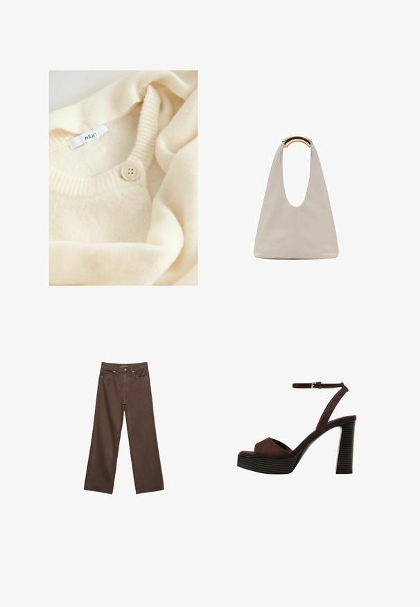 Krémový pletený sveter s okrúhlym výstrihom, s rebrovanými detailmi a zapínaním na gombík. Na štítku je nápis "NEXT." Mäkká, textúrovaná tkanina.; Hnedé tričko s krátkym rukávom vyrobené z jemného materiálu, s okrúhlym výstrihom a voľným strihom. Žiadne viditeľné vzory ani akcenty.; Džínsy s širokými nohavicami v hnedej farbe, vyrobené z denimu, so zvýšeným pásom, prednými vreckami a klasickým zapínaním na gombík. Hladká textúra s jemným prešívaním.; Hnedé semišové sandále na vysokom podpätku s otvorenou špičkou, nastaviteľným členkovým remienkom a pruhovanou platformovou podrážkou.; Svetlosivá kožená taška s U-tvarom a zakrivenou kovovou rukoväťou. Hladký povrch s minimálnym prešívaním a bez viditeľných vzorov.