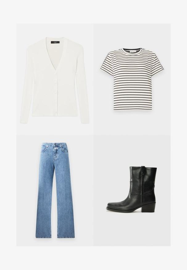 Cardigan blanc à côtes avec manches longues, décolleté en V profond et six boutons sur le devant. Texture douce et design ajusté.; T-shirt en coton à manches courtes avec un col rond, présentant des rayures verticales noires sur un fond blanc et un design à coupe droite.; Jeans en denim bleu clair avec une coupe large, cinq poches, passants de ceinture et fermeture à bouton. Le tissu a une texture lisse.; Bottine en cuir noir avec un bout rond, un talon carré, une fermeture éclair sur le côté et des coutures décoratives sur l'empeigne. Texture lisse, design classique.