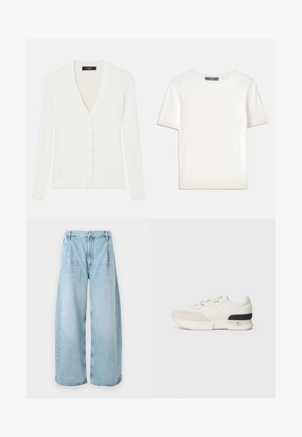 White ribbed cardigan with long sleeves, deep V-neck, and six button closures down the front. Soft texture and fitted design.; White short-sleeve knit top with a round neckline, featuring a smooth texture and subtle ribbed accents at sleeves and hem.; Light blue wide-leg denim trousers with pleats at the front, a button closure, and straight hems, featuring a faded texture throughout.; White sneaker featuring a textured suede toe cap, smooth mesh upper, decorative laces, and a black rubber heel accent.