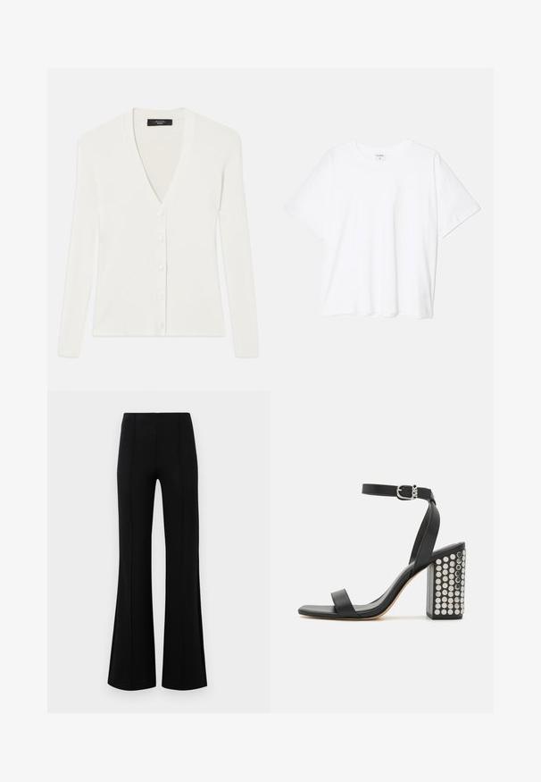 White ribbed cardigan with long sleeves, deep V-neck, and six button closures down the front. Soft texture and fitted design.; White cotton t-shirt with short sleeves, round neckline, relaxed fit, and stitched hem. Label visible on the inside neck.; Black flared pants with a high waist, made of stretchy fabric. Features vertical seam details on the front and a smooth texture.; Black leather heeled sandals with an ankle strap. Features a square toe, smooth texture, and square block heel adorned with silver studs.