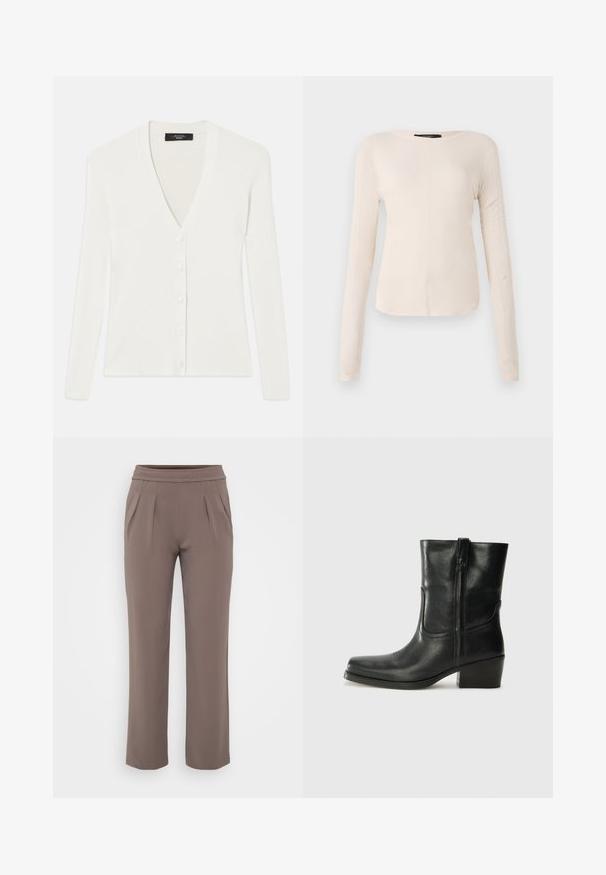 Cardigan bianco a coste con maniche lunghe, scollatura a V profonda e sei bottoni frontali. Texture morbida e design aderente.; Maglietta a maniche lunghe di colore beige chiaro con scollatura rotonda. Realizzata in tessuto morbido, presenta una cucitura centrale e un orlo leggermente curvato. Senza hardware visibile.; Pantaloni taupe a vestibilità ampia con elastico in vita e pieghe frontali, realizzati in tessuto morbido.; Stivale ankle in pelle nera con punta arrotondata, tacco a blocco, cerniera laterale e dettagli in cucitura sulla tomaia. Texture liscia, design classico.