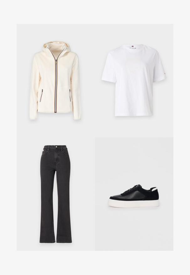 K-Way DOUBLE - Felpa con zip - white; T-shirt bianco in cotone con scollo rotondo, maniche corte e un discreto logo giallo che recita "HILFIGER NEW YORK 1985." Vestibilità standard.; Jeans neri a vita alta e a zampa d'elefante in denim, con chiusura a bottoni, passanti per cintura e tasche laterali. Texture liscia con minimal fading.; Sneaker nera con pannelli in pelle liscia e suede, lacci piatti, punta arrotondata e suola in gomma bianca. Logo distintivo sul tallone.