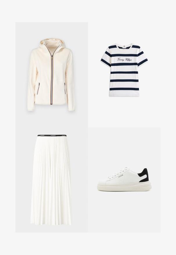 K-Way DOUBLE - Felpa con zip - white; T-shirt in cotone con righe orizzontali blu navy su sfondo bianco. "Tommy Hilfiger" ricamato in corsivo sul petto. Collo a giro.; Gonna bianca plissettata con elastico nero in vita che presenta il logo "LACOSTE". Design di lunghezza media con texture morbida.; Sneaker bianchi in pelle con suola spessa bianca, accento in suede nero sul tallone e logo impresso sul lato. Design con lacci e sei fori per i lacci.