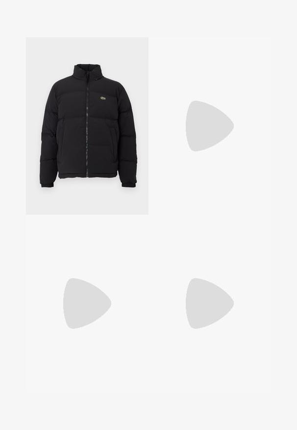 Crni zimski kaput s visokim ovratnikom, prednjim zatvaračem i malim zelenim logotipom. Sadrži kvadrate sa stupovima i elastične manžete.; Crna majica dugih rukava od pamuka, s okruglim izrezom i malim zelenim izvezenim logotipom krokodila s lijeve strane prsnog dijela.; Bež pamuk kratke hlače s elastičnim pojasom, podešavanjem uzicom i bočnim džepovima. Imaju glatku, laganu teksturu.; Lacoste tenisice u tamno sivoj boji s mrežastim i sintetičkim materijalom, s teksturiranom potplatom i smešnim akcentima na ovratniku i brandiranju.