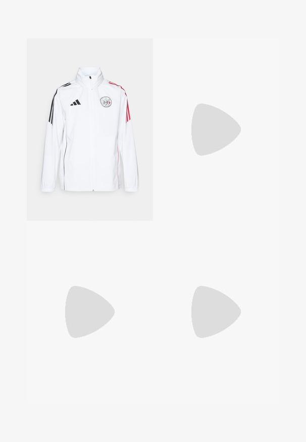 White adidas jacket with black accents, red stripes on sleeves, high collar, and an embroidered logo on the left chest; smooth texture.; Long-sleeve white athletic shirt made of smooth material featuring a black Adidas logo at the chest; V-neck design and fitted shape.; White athletic shorts with black and orange accents. Features FC Bayern München logo and three black stripes on the side. Lightweight material.; White athletic shoes featuring a textured mesh upper, supportive cushioned sole, and three stripe design on the side.