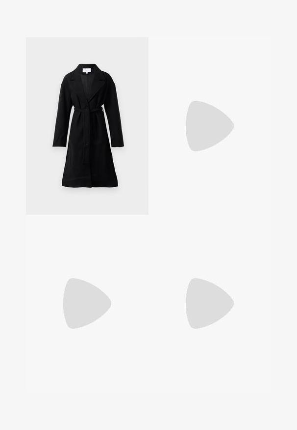 Black long wool coat with wide lapels, a single button closure, and a matching fabric belt tied at the waist.; Black long-sleeve crewneck sweater with ribbed cuffs and hem, displayed on a plain light gray background.; Wide-leg trousers in light grey fabric, featuring a smocked waistband, front pleats, and a smooth, soft texture.; Knee-high black leather boots with a squared toe and block heel, shown with a model seated in an olive green coat. Smooth texture, minimal detailing.