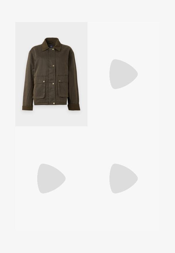 Dark olive-green jacket with corduroy collar and cuffs, front snap buttons, and two large flap pockets.; White short-sleeve t-shirt with red ribbed collar, featuring embroidered "GAP" text and cherry design on the front. Made of ribbed fabric.; Blue wide-leg denim jeans with front button closure, belt loops, and five-pocket design on a white background.; Leopard print sneakers with beige suede upper, tan rubber sole, and white accents. Round toe and lace-up design with a textured finish.