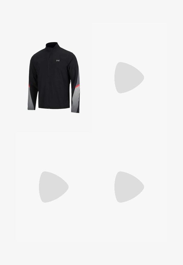 Chaqueta deportiva negra con cuello alto y cremallera frontal. Presenta acentos en gris y rojo en las mangas, con un patrón a rayas en las áreas grises.; Top sin mangas de algodón negro con cuello redondo, diseño sin mangas y logo "Champion" en blanco con acento rojo. Textura suave, ajuste casual.; Pantalones deportivos de color azul claro con cinturilla elástica, bolsillos laterales y cremalleras en los tobillos. Presentan un logo blanco en el muslo izquierdo.; Zapatilla deportiva negro y gris con parte superior de malla, acentos reflectantes y una entresuela blanca. Presenta una suela de goma texturizada y cordones.
