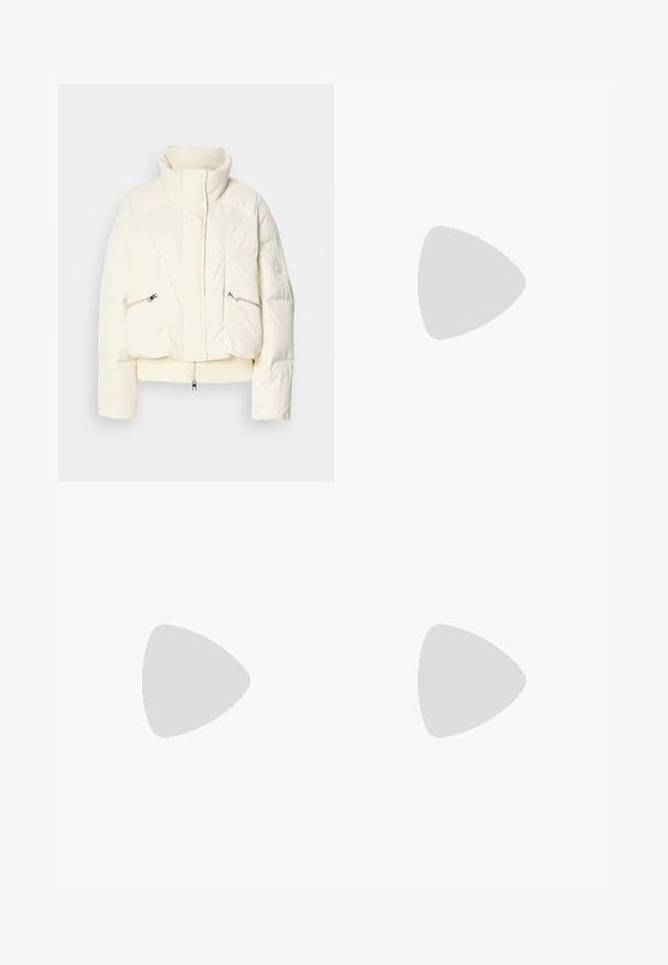 Off-white padded jacket with high collar, front zipper concealed by flap, two diagonal zippered pockets, and ribbed hem.; White short-sleeve button-up shirt with a pointed collar and curved hem. Made from cotton with a smooth texture and no visible patterns.; Pink tailored pants made of stretchy fabric, featuring a front button closure, slim fit, and vertical seams for a streamlined look.; Beige block-heeled sandals with thin straps and a square toe. Smooth material with minimal detailing, designed for easy wear.