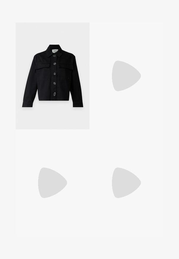 Black denim jacket featuring a classic collar, front pockets, and large buttons. The design is cropped with long sleeves and a structured fit.; Black long-sleeve top with a scoop neckline, made from soft, stretchy fabric. Features a fitted shape and smooth texture. Brand label visible.; Black flared jeans made of denim, featuring a front button closure, five pockets, and a smooth, slightly shiny texture.; Anna Field Lace-ups - black
