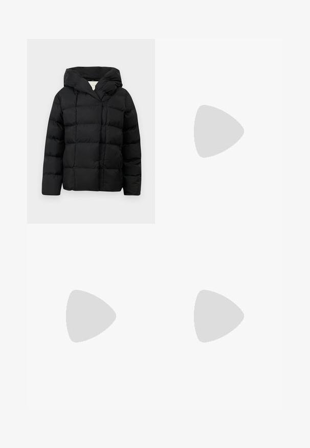 Black puffer jacket with a hood, featuring a quilted design and smooth texture. Mid-length sleeves and a simple front opening.; Black cotton T-shirt with a V-neck and short sleeves. Simple design with a regular fit and no patterns or accents.; Black high-waisted jeans with a straight-leg design, made of denim. Features five pockets and subtle fading across the fabric.; Black leather pointed-toe mules with a low stiletto heel. Smooth texture, minimalistic design, and open back for easy wear.