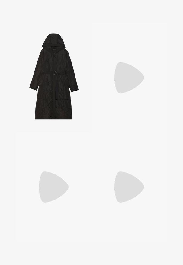 Manteau doudoune noir avec capuche, présentant une fermeture éclair sur le devant, une taille ceinturée et une texture matelassée. Manches longues et design longueur genou.; Robe noire à sequins avec de fines bretelles, dotée d'une bordure en dentelle au niveau du décolleté et de l'ourlet inférieur. Texture lisse et réfléchissante. Design midi.; Bottes en cuir noir arrivant jusqu'aux genoux avec un bout pointu et un talon aiguille fin. Texture lisse avec un design ajusté et des coutures au bord supérieur.; Sac à main en cuir noir au design structuré, avec une poignée supérieure et un fermoir en argent. Présente des accents aux coins et une texture lisse.