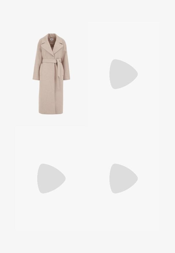 Cappotto in misto lana colore beige chiaro con colletto a punta, maniche lunghe, vita con cintura e tasche laterali; texture liscia e design fino al ginocchio.; Next RACER TANK  - Top - white rib; Jeans neri a vita alta con una vestibilità dritta, realizzati in denim, dotati di due tasche anteriori e dettagli in ottone.; Scarpe sportive con tomaia in pelle bianca, punta in suede grigia e tre strisce nere. Presentano un logo blu sulla linguetta e una suola in gomma testurizzata.; Occhiali rettangolari marroni con lenti trasparenti e tonalità viola. Montatura in plastica liscia con stanghette dritte e accenti sottili.; Borsa a spalla in finta pelle marrone con forma curvata, cuciture minime e un accento in metallo dorato. Presenta una chiusura con zip superiore e una tracolla regolabile.