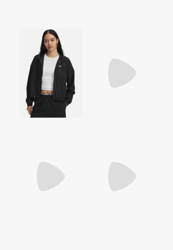 Schwarze Zip-Jacke mit Kapuze und elastischen Bündchen, die ein schlankes Design aufweist. Der Stoff wirkt glatt, mit einem Under Armour-Logo auf der Brust.; Schwarzes langärmliges Sportshirt aus glattem Material, mit Rundhalsausschnitt und einem kleinen weißen Logo auf der linken Brust.; Schwarze sportliche Leggings aus dehnbarem Material, mit hohem Bund, Seitentaschen und einem kleinen reflektierenden Logo am linken Oberschenkel.; Schwarze Sportschuhe aus strukturiertem Stoff, mit weißer Sohle und schwarzen Schnürsenkeln. Tragen mit weißen gerippten Socken, stehen auf einer hellen Fläche.