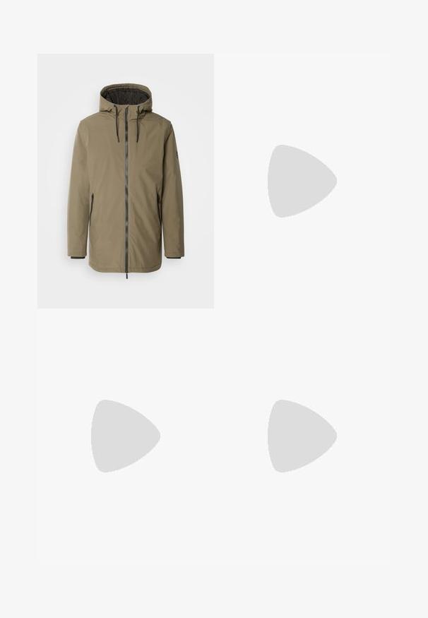 INDICODE JEANS Zimska jakna - olive; GANT SHIELD - Navadna majica - milky matcha; Temno siva široka hlače z elastičnim pasom, izdelane iz mehke, strukturirane tkanine, z zavihanimi manšetami na gležnjih.; Črne usnjene teniske z belim gumijastim podplatom, okroglo konico in vezalkami. Imajo gladko teksturo in diskretno blagovno znamko na jeziku.