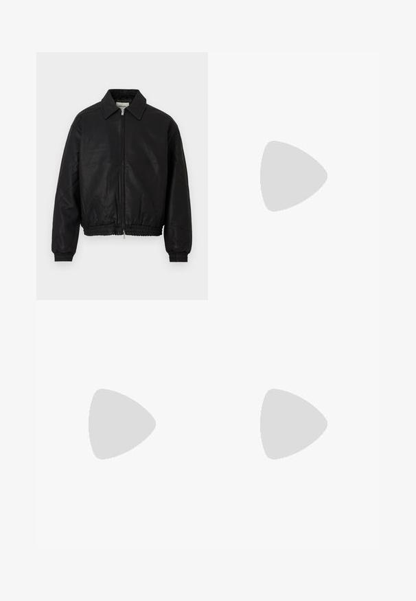 Black leather bomber jacket with a front zipper, pointed collar, elastic cuffs, and elastic waistband displayed on a white background.; Gray sweatshirt with a crew neck, ribbed cuffs, and hem. Features black graphics: an "R" and "No Problemo" on the left chest area.; Beige straight-leg pants with belt loops, front button, and zip closure, displayed flat on a white background.; Gray suede sneakers with white rubber soles, featuring lace-up design, rounded toe, and subtle stitching details, worn with black pants.