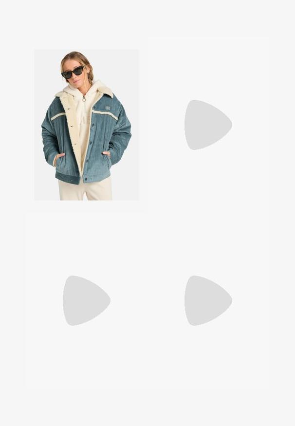 Oversized teal corduroy jacket with beige sherpa lining and contrasting white stitching, featuring snap buttons and side pockets.; Light yellow sweatshirt with long sleeves, crew neckline, ribbed cuffs, and a small logo on the chest. Made from soft, textured fabric.; Blue high-waisted wide-leg jeans with front button and pockets, faded texture on thighs and a straight hem.; Black suede sneakers with white stripes and accents, rounded toe, gum rubber outsole, paired with white ribbed crew socks.