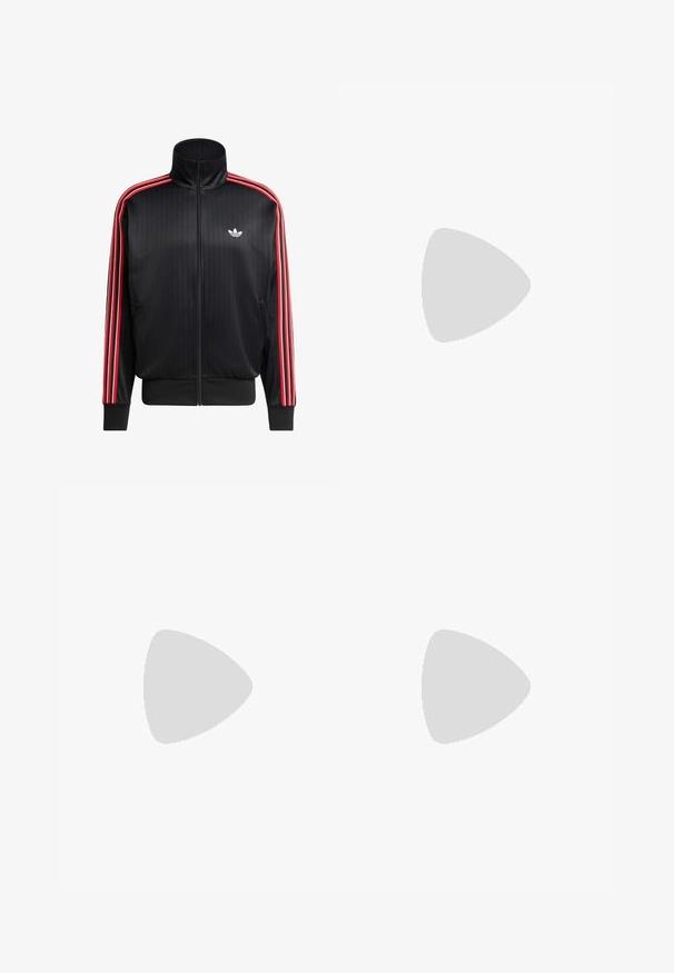 Black track jacket with a high collar, featuring vertical ribbing, red striped accents on sleeves, and a small white logo on the chest.; Black cotton t-shirt with short sleeves, crew neckline, and white three-stripe detailing on shoulders. Features a small white logo on chest.; Black corduroy pants with a relaxed fit, featuring an elastic waistband and side stripes. Smooth texture with vertical ribbing detail.; Black suede sneaker with yellow accents, featuring three stripes and a brown rubber sole. Includes a padded tongue for comfort.
