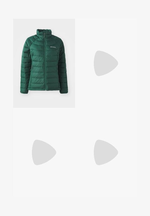 Columbia POWDER LITE™ FULL ZIP JACKET - Žieminė striukė - rain forest; Rudas medvilninis marškinėliai trumpomis rankovėmis. Ant kairio krūtinės kampo yra mažas, spalvingas piešinys, vaizduojantis saulėlydžio temą.; Pilkai plačios džinsinės kelnės su elastinga juosmeniu, raišteliu ir šoninėmis kišenėmis. Audinys su išblukusiu raštu.; Salomon žygio batai, pagaminti iš kreminės, rudos ir juodos spalvų medžiagų; tekstūruota viršutinė dalis, storas guminis padas ir reguliuojama raištelių sistema.