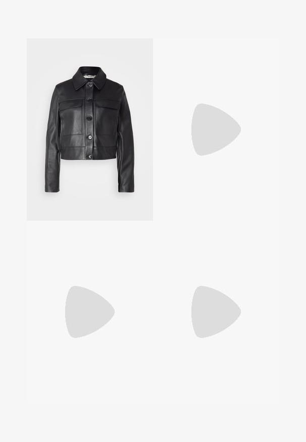 BOSS SADENIA - Leren jas - black; Mouwloos wit topje van zachte stof, met een ronde halslijn en een rechte snit met een sluiting aan de achterkant. Eenvoudig en minimalistisch ontwerp.; Lichtblauwe denimshorts met een hoge taille, rechte snit en rauwe zoom. Voorzien van een klassieke knoop- en ritsluiting en vier zakken.; Beige blockhak sandalen met dunne bandjes en een vierkante neus. Glad materiaal met minimale details, ontworpen voor eenvoudig dragen.