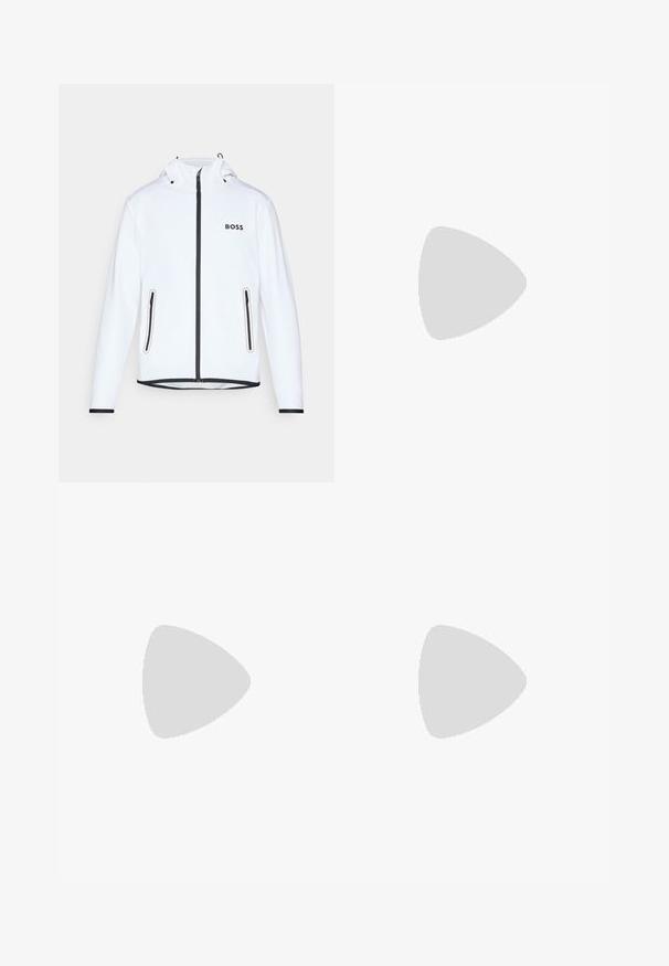 Weiße Jacke mit Kapuze, schwarzem Reißverschluss und Akzenten, zwei seitlichen Reißverschlusstaschen und "BOSS"-Logo auf der Brust. Glattes, leichtes Material.; Weiße Poloshirt aus glattem Stoff, mit einer Knopfleiste mit drei Knöpfen, dekorativen orangefarbenen und grauen Linien auf der linken Seite und Logo-Branding.; Weiße sportliche Shorts mit einem elastischen Bund, glatter Textur und kurzer Länge. Keine sichtbaren Muster oder zusätzlichen Details.; Schwarzer Sportschuh mit strukturiertem Obermaterial, drei horizontalen Streifen und einer weißen Sohle mit einem gemusterten Profil. Leicht und schlank im Design.