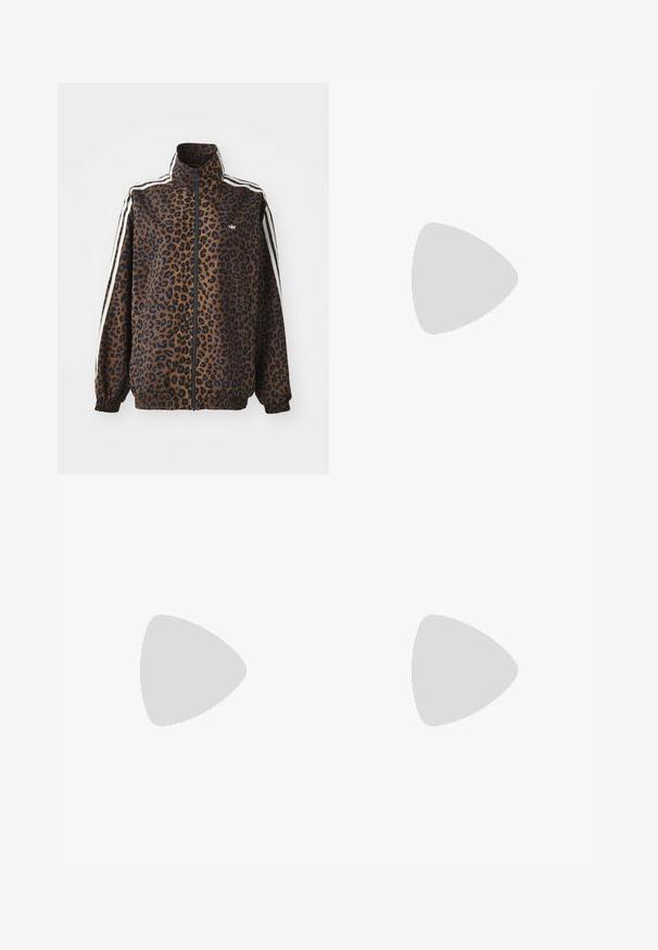 Veste zippée imprimée léopard en marron et noir, avec des rayures blanches sur les côtés, un col montant et des poignets et un ourlet élastiques. Matière synthétique lisse.; T-shirt blanc court avec des manches courtes, présentant un design graphique floral et figuratif rose sur la poitrine. Fabriqué en coton.; Pantalons de survêtement couleur crème avec une coupe décontractée, présentant des rayures latérales marron foncé et un logo brodé sur la cuisse gauche.; Baskets couleur crème avec accents marron, bandes latérales texturées et finition en cuir lisse. Dotées d'un design à lacets et d'une semelle en caoutchouc.