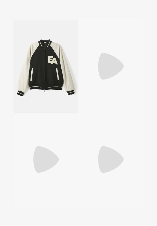 Jachetă de tip varsity alb-negru cu mâneci crem, fermoar în față, manșete cu dungi și literele "EA" pe pieptul stâng.; T-shirt alb din bumbac cu mâneci scurte, având textul „United By Rhythm” în grafică neagră și albastră pe piept. Design cu guler rotund.; Bermude bleumarin din bumbac, cu față plată, închidere cu buton și buzunare laterale. Lungime până la genunchi, cu o textură netedă și cusături curate.; Adidași din suede și piele galben deschis, cu o talpă moale și detalii cusute. Design clasic cu șireturi și vârf rotunjit.