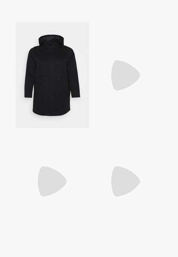 Svart huva rock med långa ärmar, två framfickor med dragsko-stängningar och en slät innerfoder. Rakt skuren design.; Vit stickad tröja med ett strukturerat diamantmönster, rund halsringning och långa ärmar. Litet logotypaccent på bröstet.; Ljusblå denimjeans med rak bendesign, med fem fickor, bältesslingor och subtil blekning på framsidan.; Vita plattformssneakers med en slät läderliknande överdel, rundad form, vadderad krage och texturerad gummisula med definierade mönster.