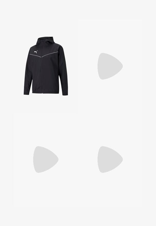 Giacca leggera nera con cappuccio, chiusura con zip, dettagli riflettenti bianchi e logo sul lato sinistro del petto; texture liscia.; Polo nero realizzato in materiale liscio, con colletto, maniche corte e logo Puma bianco sul lato sinistro.; Pantaloni sportivi neri realizzati in tessuto leggero. Presentano una vita elastica, tasche laterali e loghi grigi su ciascun lato.; Scarpa da ginnastica nera con tomaia in sintetico liscio, dettagli testurizzati e suola in gomma naturale, progettata per prestazioni e comfort.